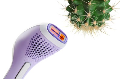 Image of Hair removal concept. Cactus and modern photoepilator on white background