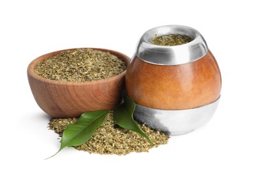 Photo of Calabash and bowl with mate tea on white background