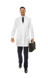 Full length portrait of male doctor with briefcase isolated on white. Medical staff