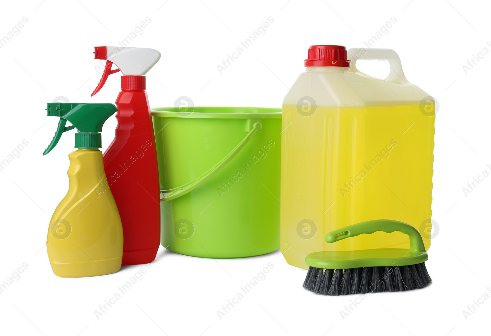 Photo of Set of different cleaning supplies on white background