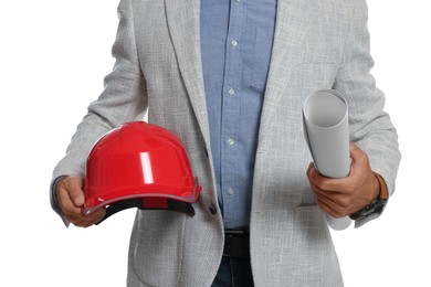 Photo of Professional engineer with hard hat and draft isolated on white, closeup