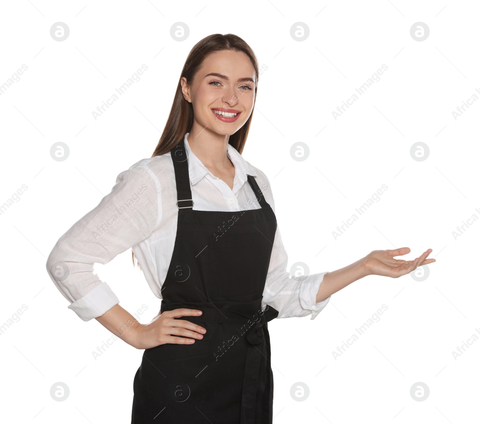 Photo of Portrait of happy hairdresser on white background