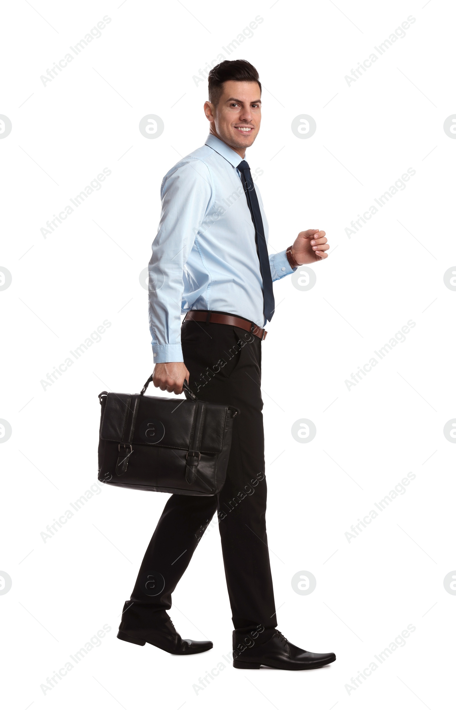 Photo of Businessman with stylish leather briefcase on white background