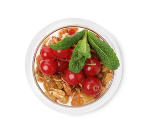 Photo of Delicious yogurt parfait with fresh red currants and mint isolated on white, top view