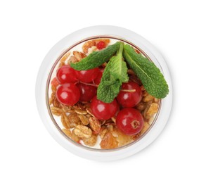 Delicious yogurt parfait with fresh red currants and mint isolated on white, top view