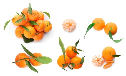 Image of Set with fresh ripe tangerines on white background, top view