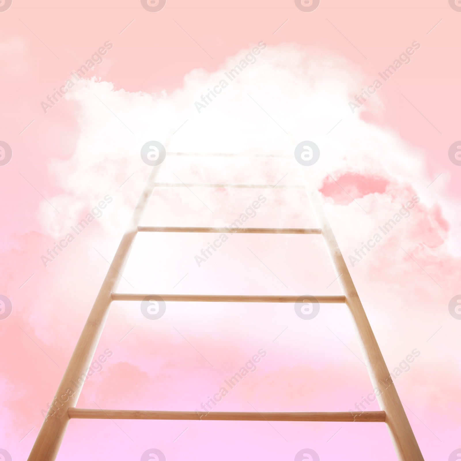 Image of Wooden ladder leading to clouds. Concept of growth and development