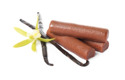 Photo of Glazed curd cheese bars, vanilla pods and flower isolated on white