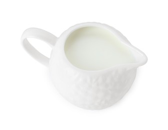 Photo of One jug full of fresh milk isolated on white, above view