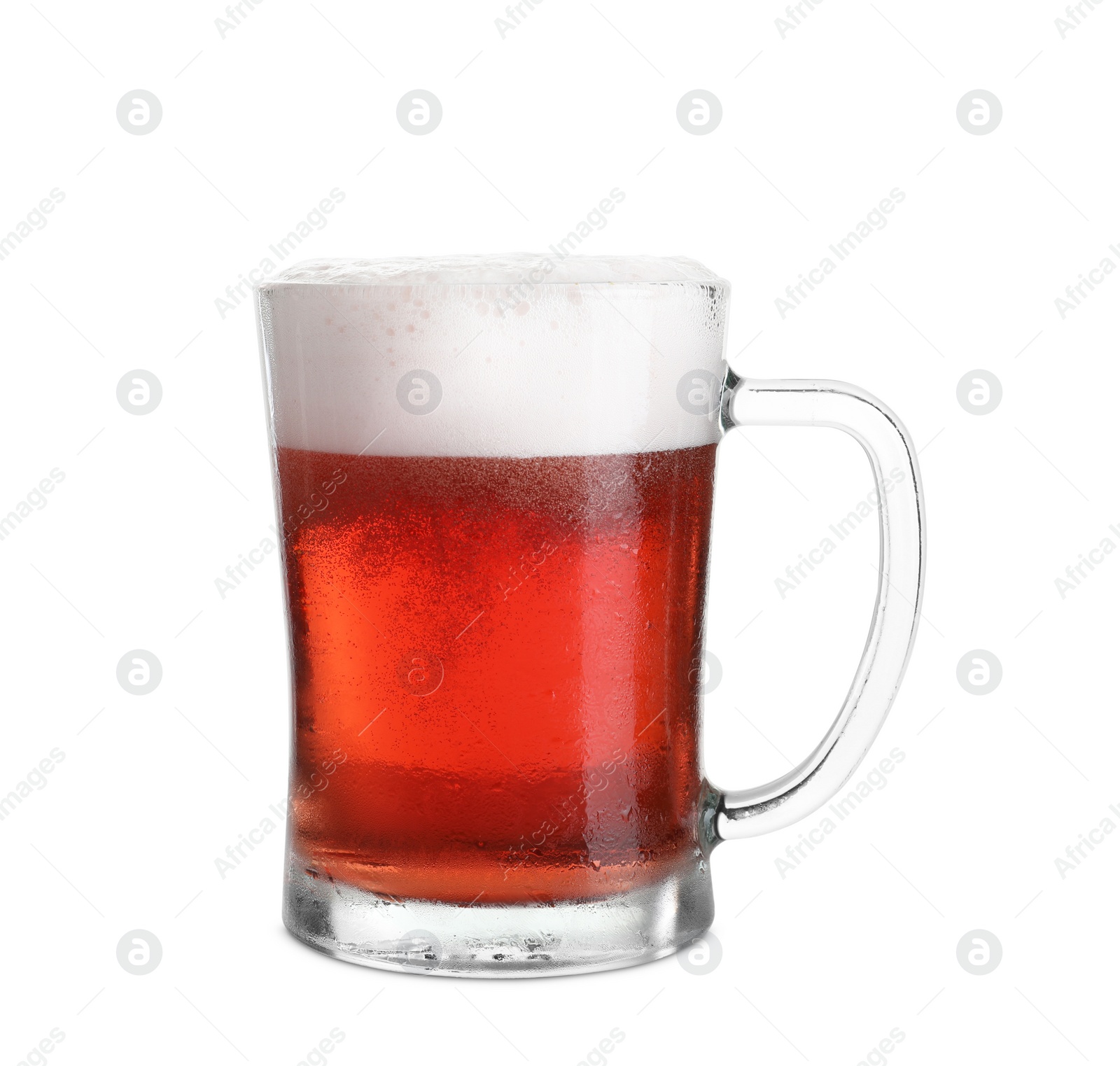 Photo of Glass mug with cold red beer on white background