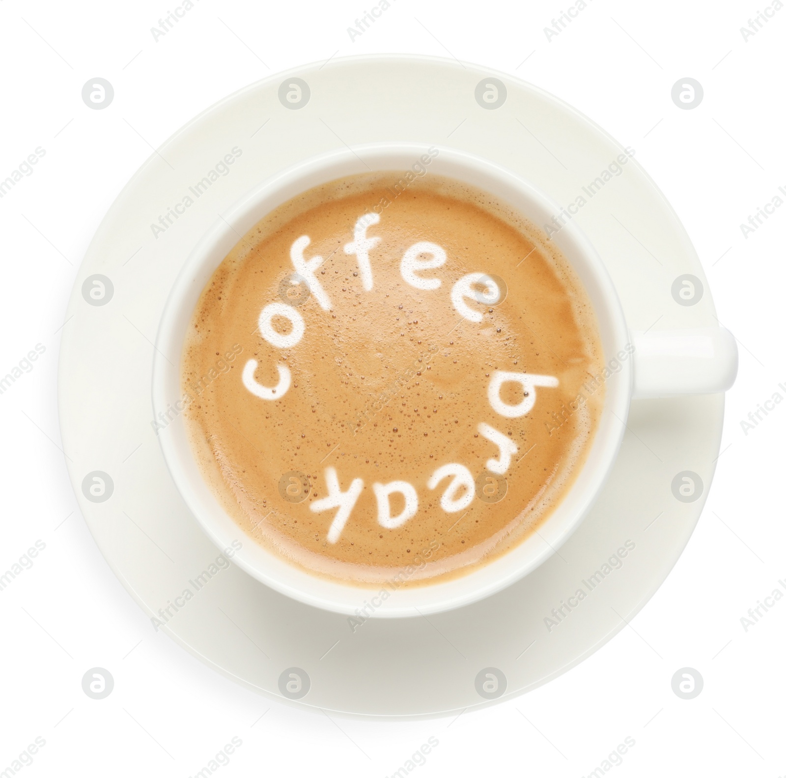 Image of Cup of aromatic espresso with phrase Coffee Break isolated on white, top view  