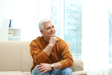 Portrait of handsome mature man on sofa indoors