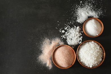 Different types of organic salt in bowls on black table, flat lay. Space for text