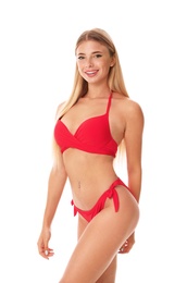 Pretty young woman wearing stylish bikini on white background