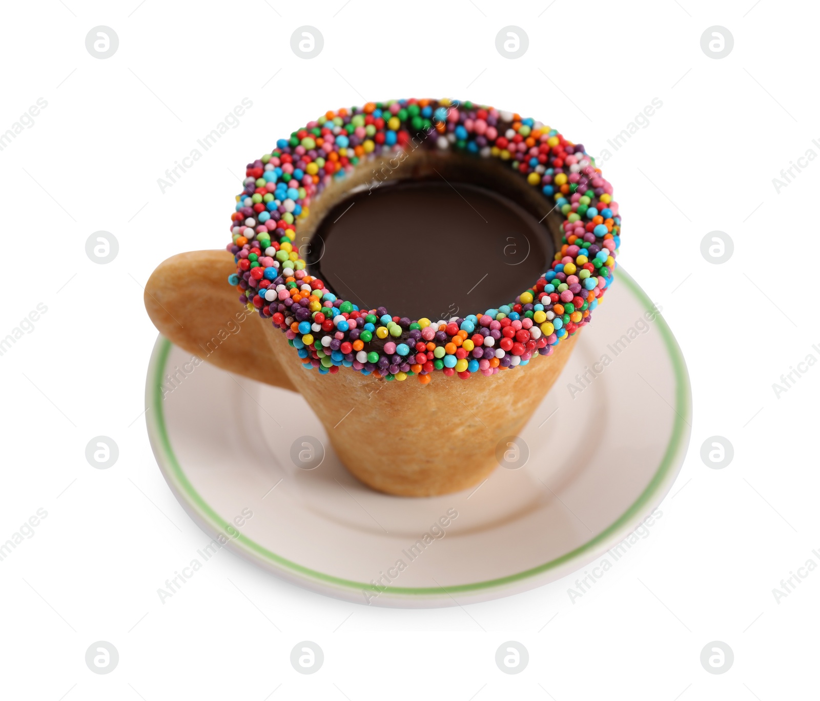 Photo of Delicious edible biscuit cup of coffee decorated with sprinkles isolated on white