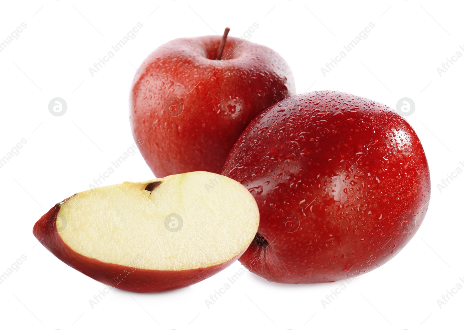 Image of Cut and whole red apples on white background