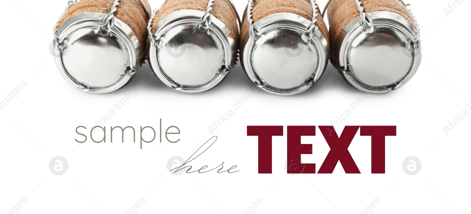 Image of Sparkling wine corks with muselet caps on white background, banner design. Space for design