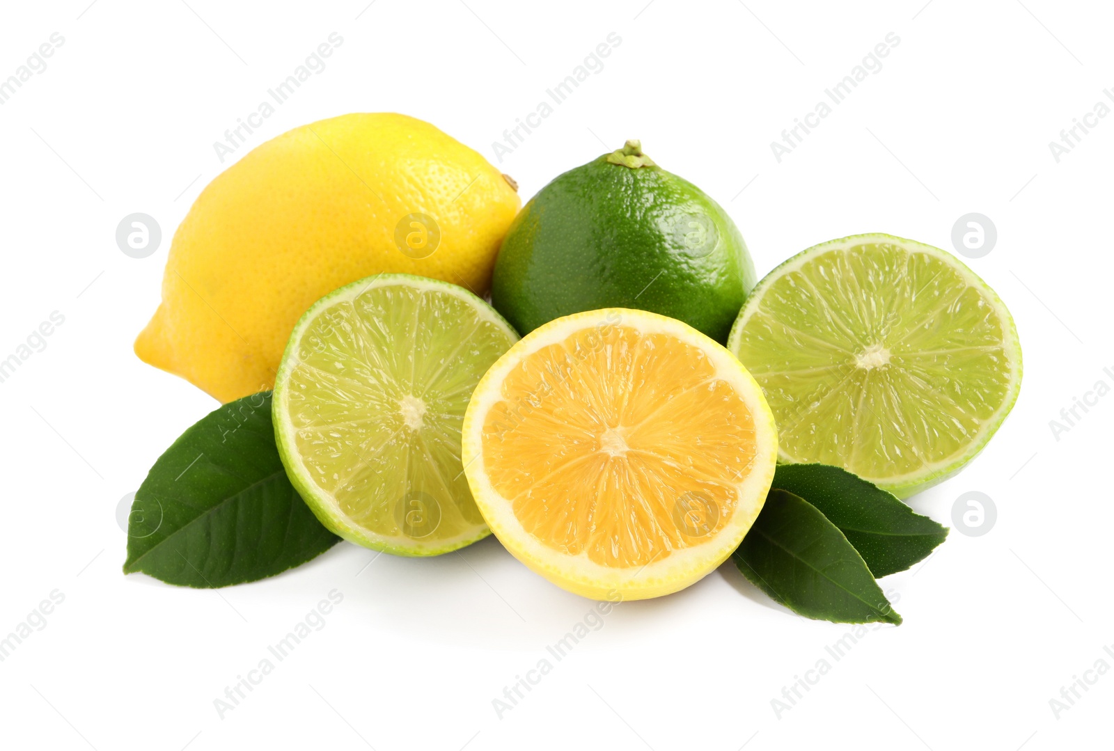 Photo of Fresh ripe lemons, limes and green leaves on white background