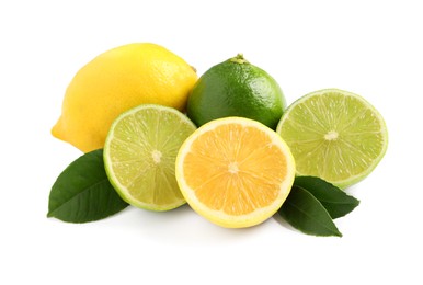 Fresh ripe lemons, limes and green leaves on white background