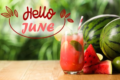 Image of Hello June. Glass of freshly made watermelon cocktail on wooden table outdoors