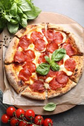 Tasty pepperoni pizza and ingredients on grey table, top view