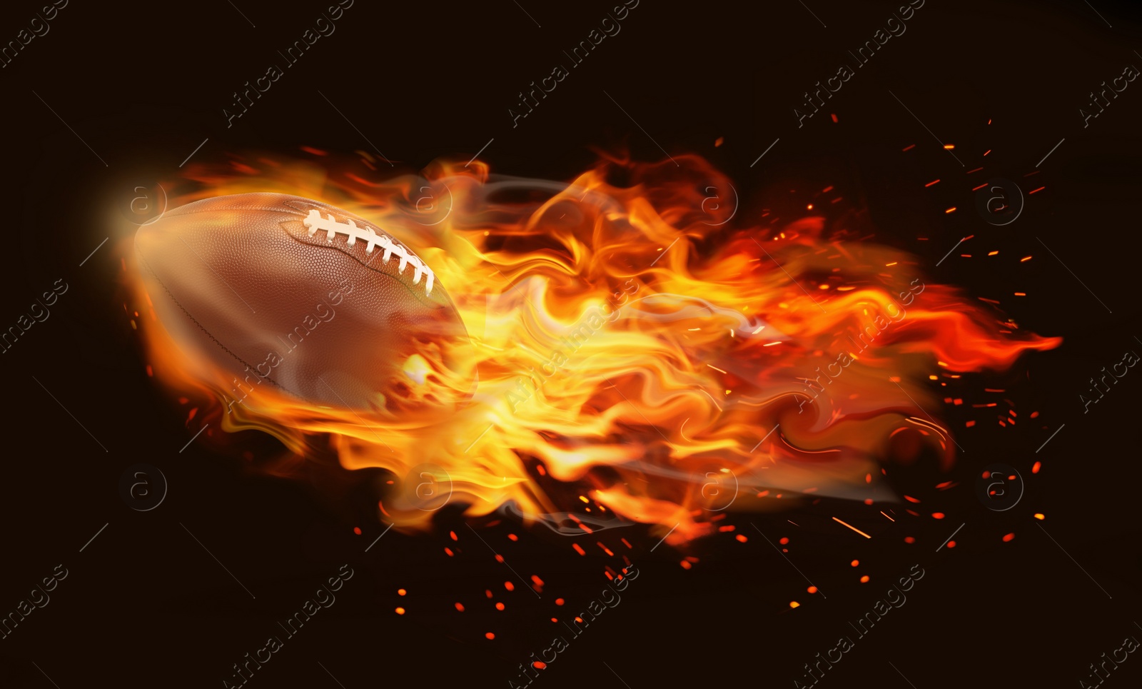 Image of Rugby ball with bright flame flying on black background