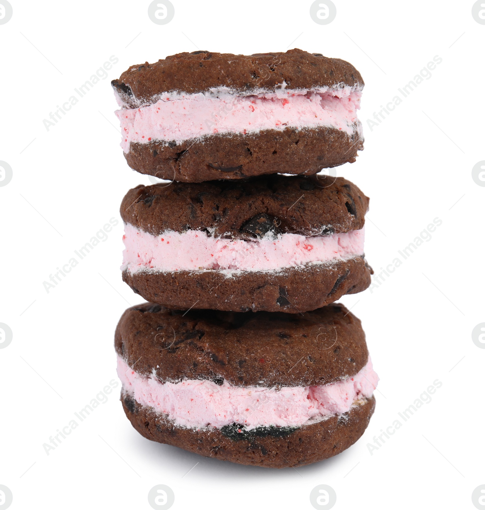 Photo of Sweet delicious ice cream cookie sandwiches on white background