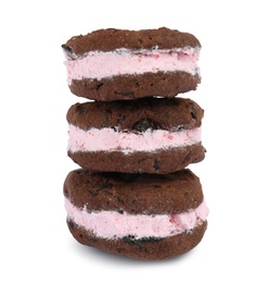 Photo of Sweet delicious ice cream cookie sandwiches on white background