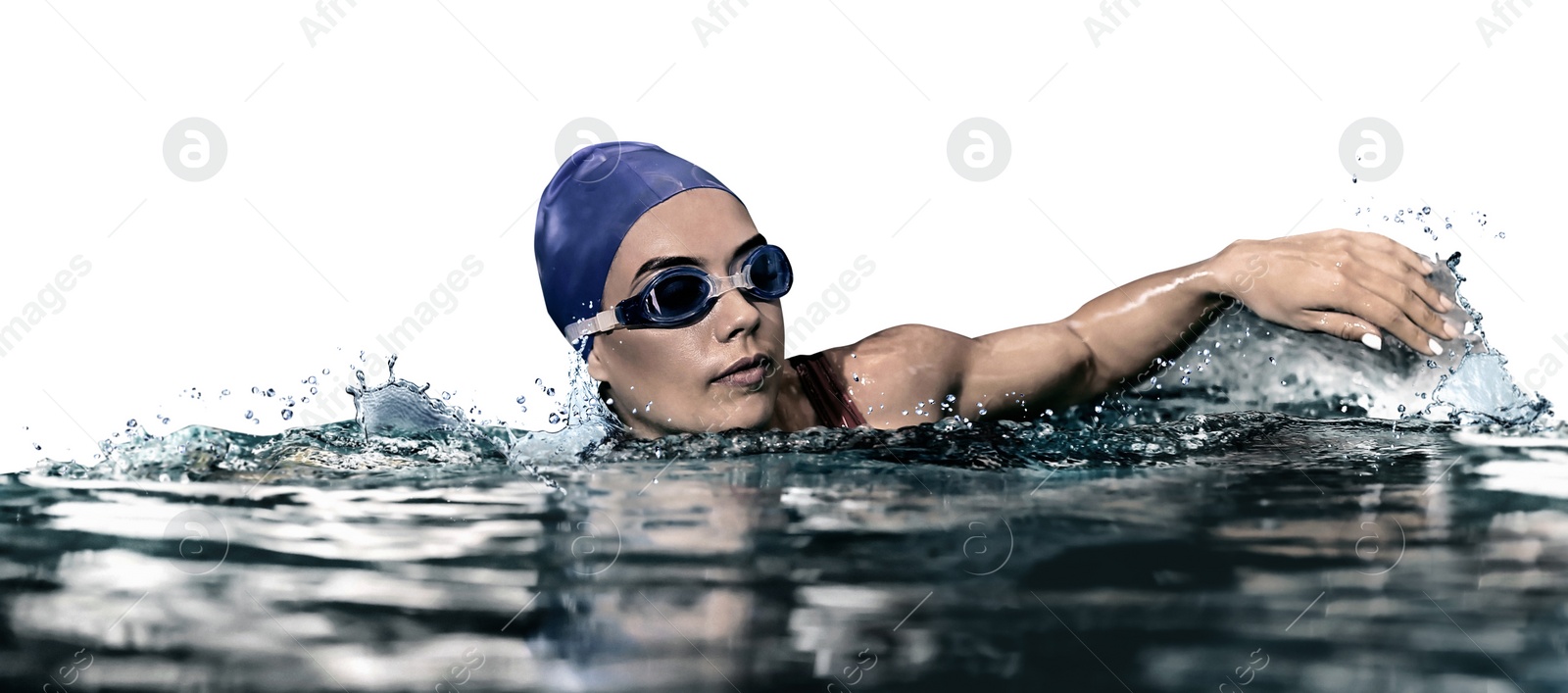 Image of Young athletic woman swimming in pool against white background. Banner design