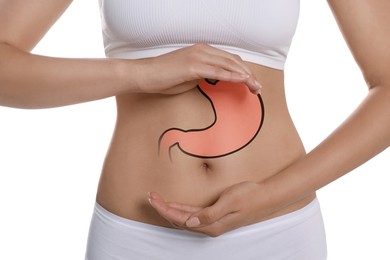 Image of Woman with image of healthy stomach on white background, closeup