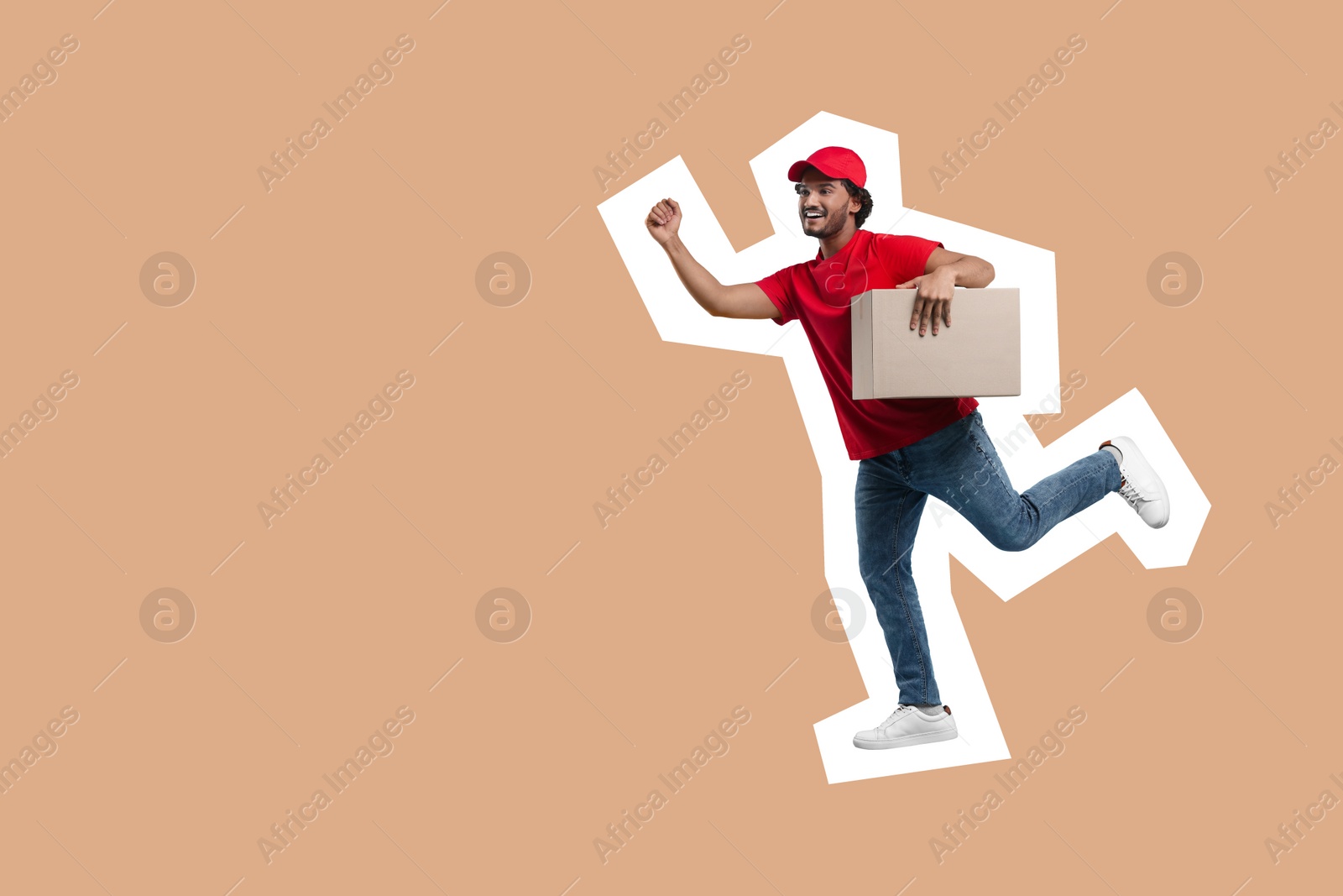 Image of Happy courier with parcel running on beige background, space for text