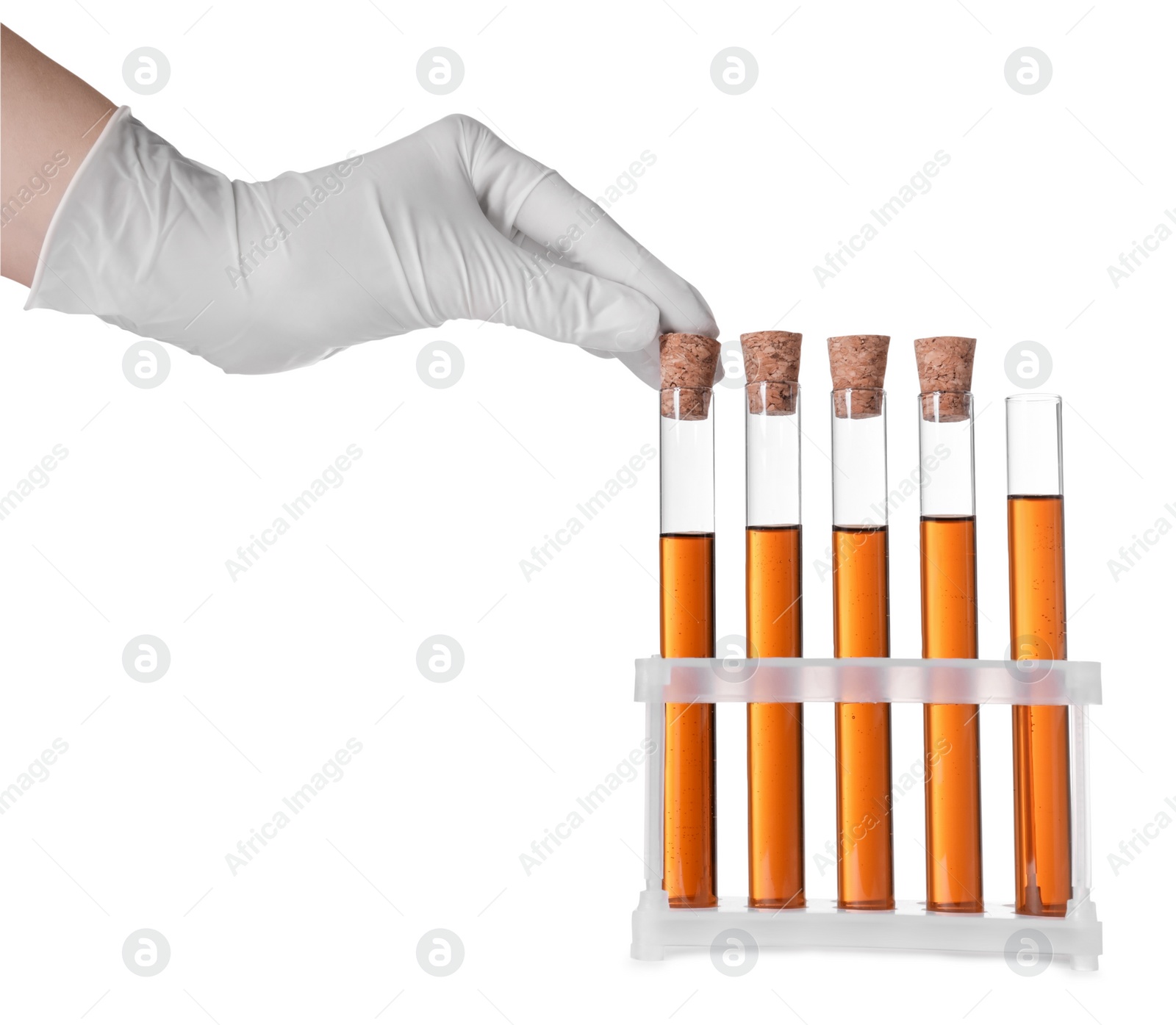 Photo of Scientist taking test tube with brown liquid from stand on white background, closeup