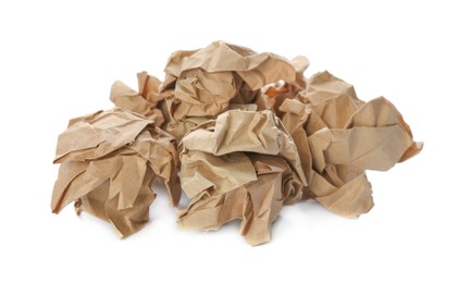 Photo of Crumpled sheets of kraft paper on white background