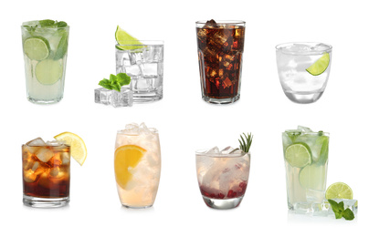 Image of Set of different delicious cocktails with ice cubes on white background