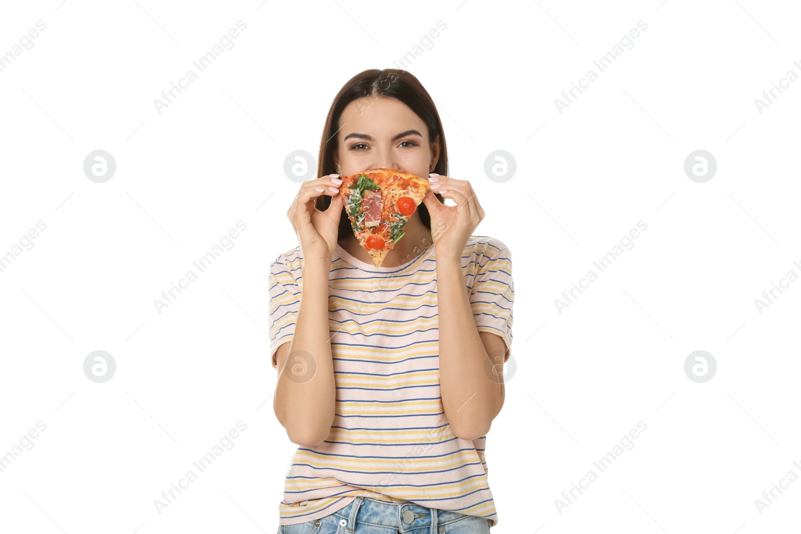 Photo of Beautiful woman with pizza isolated on white