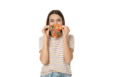 Photo of Beautiful woman with pizza isolated on white