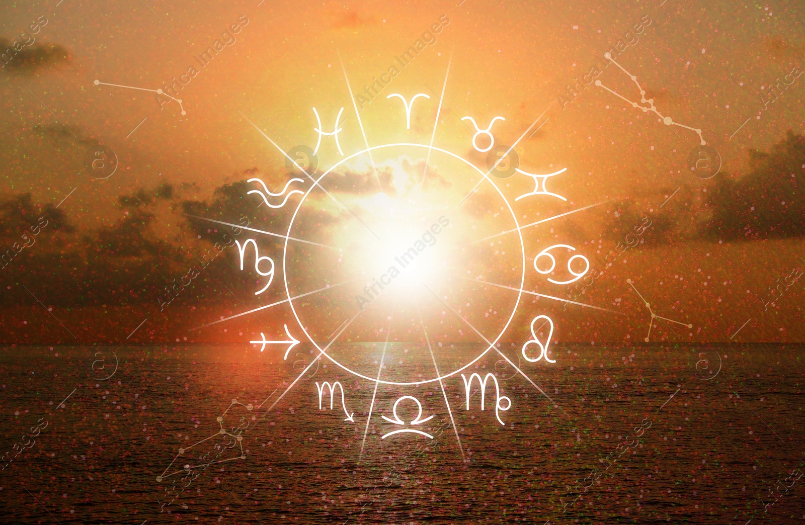 Image of Zodiac wheel with 12 astrological signs and seascape on background