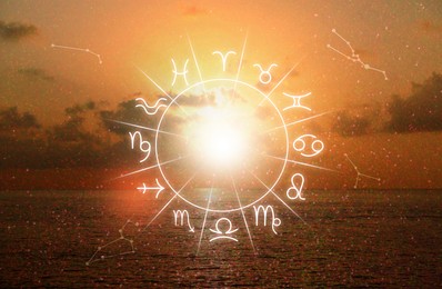 Image of Zodiac wheel with 12 astrological signs and seascape on background