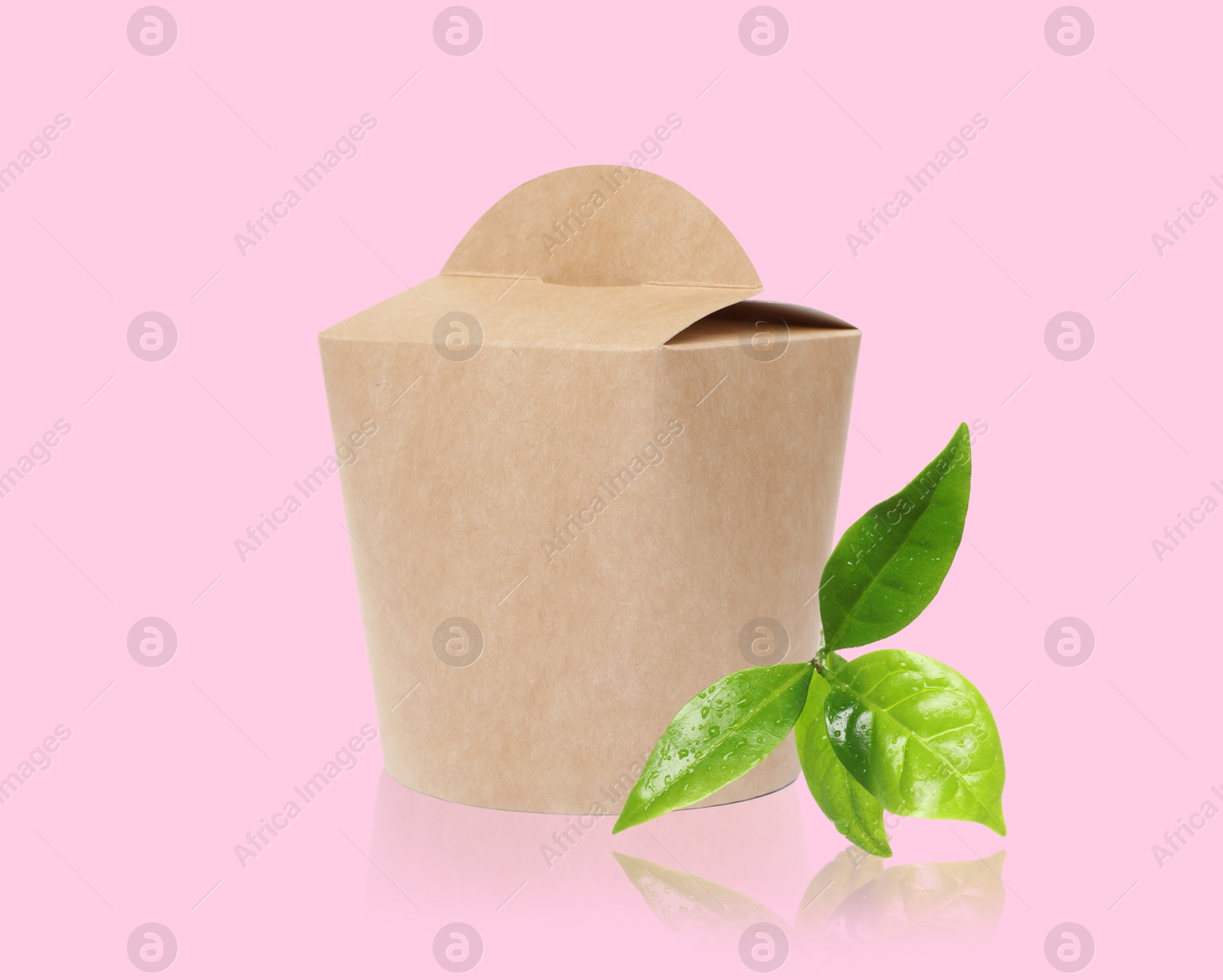Image of Paper box and green leaves on pink background. Eco friendly lifestyle