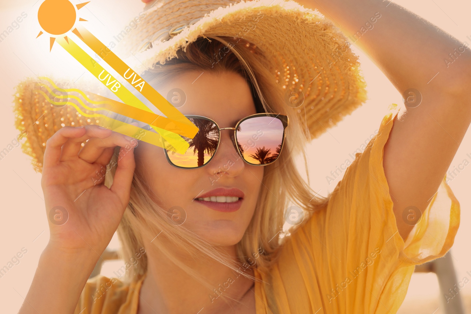 Image of Woman wearing sunglasses outdoors. UVA and UVB rays reflected by lenses, illustration