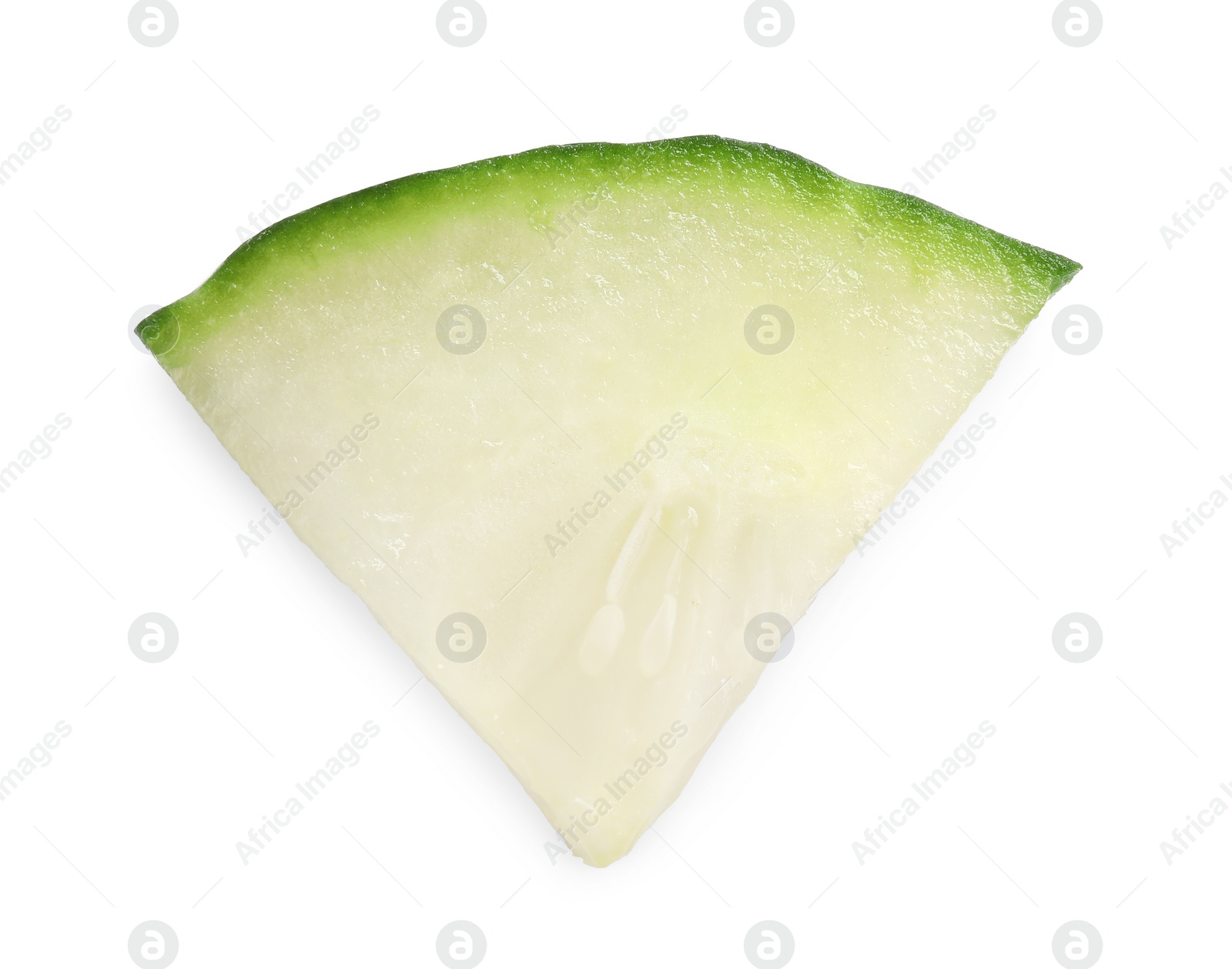 Photo of Slice of fresh cucumber isolated on white, top view