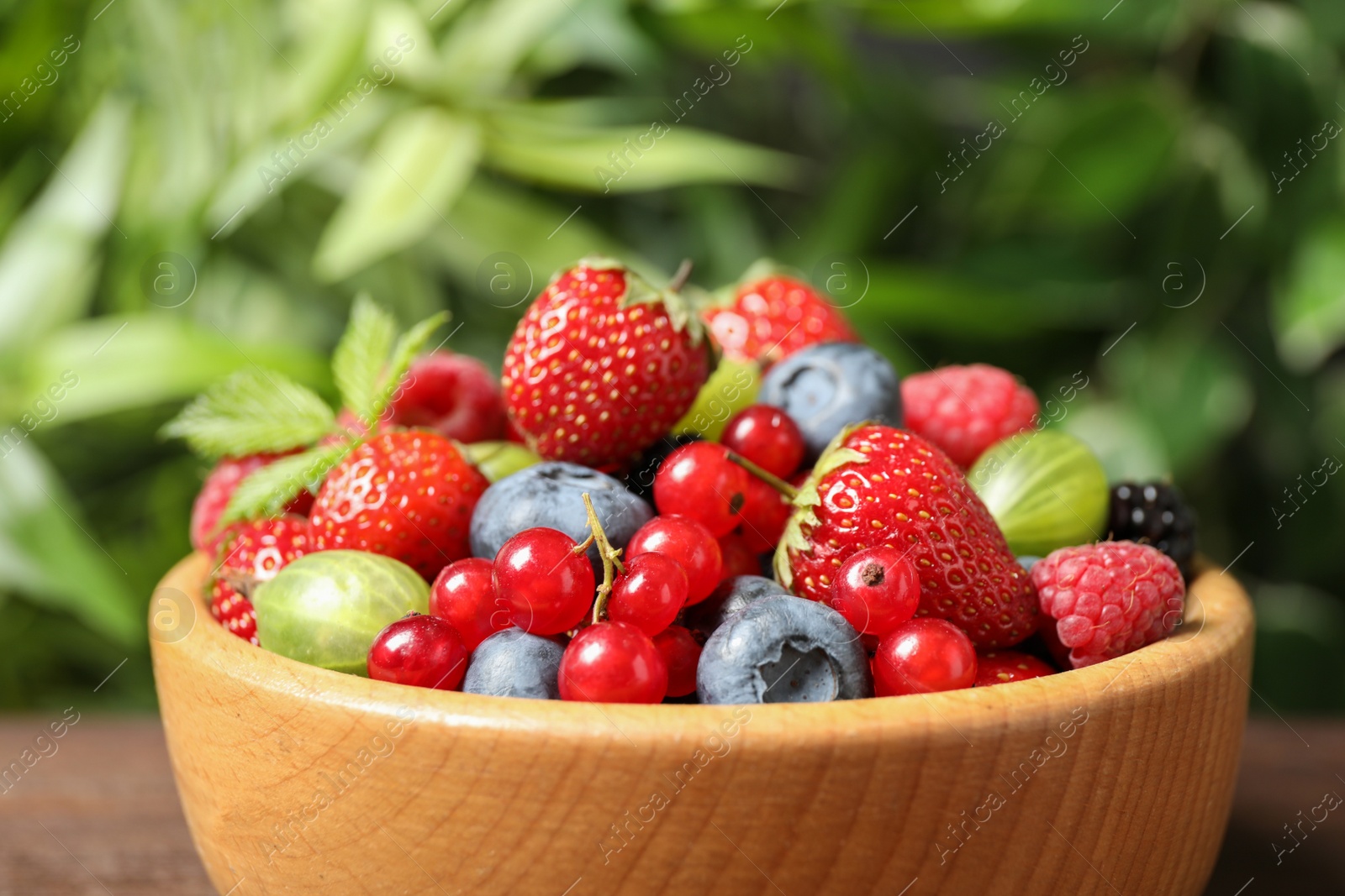 Photo of Mix of ripe berries in bowl, closeup