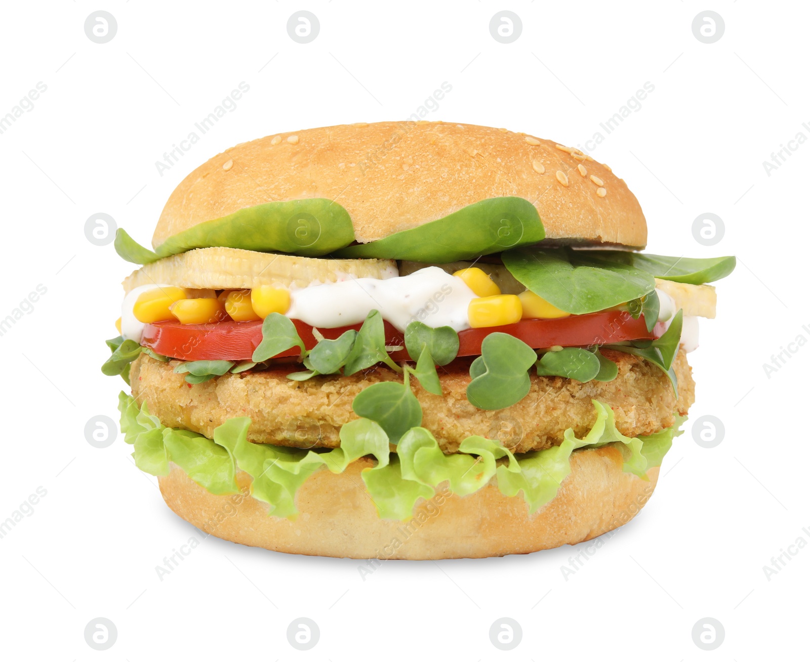 Photo of Tasty vegan burger with vegetables, patty and microgreens isolated on white