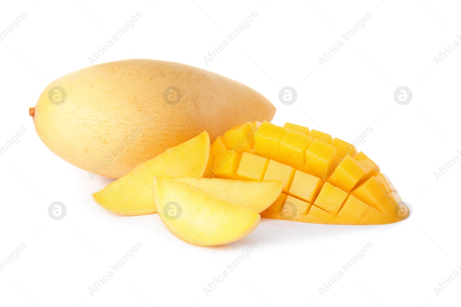 Photo of Fresh juicy mango isolated on white. Tropical fruit