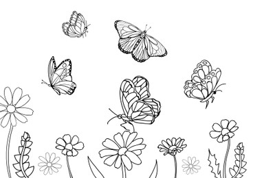 Butterflies and beautiful flowers on white background, illustration. Coloring page 