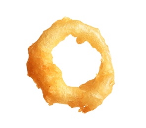 Photo of Delicious golden breaded and deep fried crispy onion ring on white background