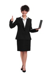 Photo of Beautiful happy businesswoman with laptop showing thumbs up on white background