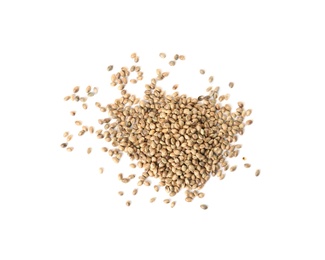 Pile of hemp seeds on white background, top view