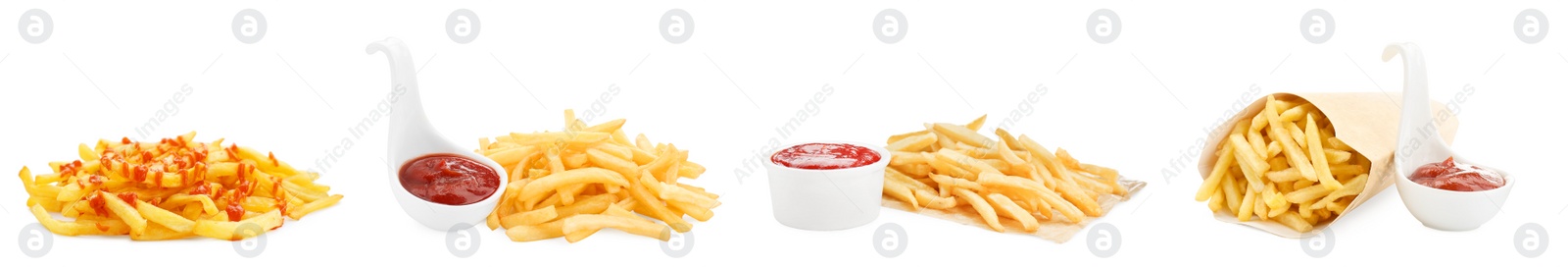 Image of Set of French fries served with ketchup on white background