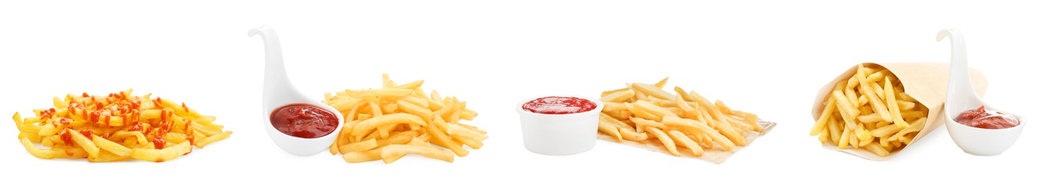 Image of Set of French fries served with ketchup on white background